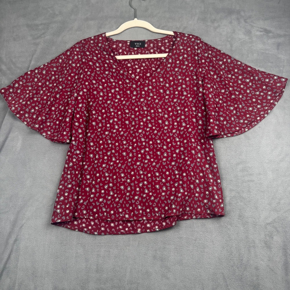 Tyche Vici Burgundy Leopard Print Flutter Sleeve V-Neck Blouse‎ Small T-3955
